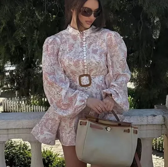 Printed Belt Women' Dresses Stand CollarSingle Breasted Puff Sleeve Mini Dress